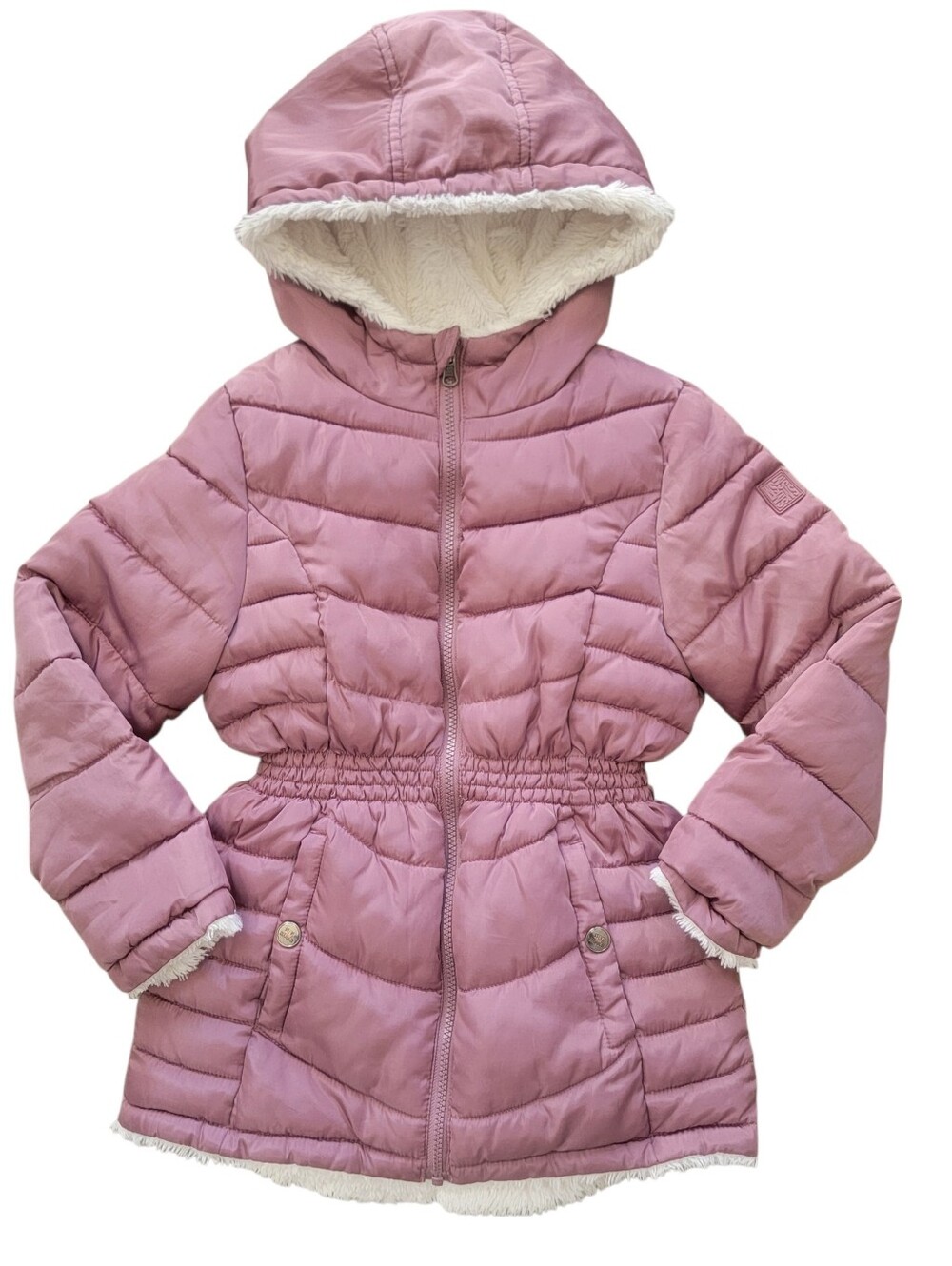 Steve Madden Girls Reversible Pink Puffer Jacket Faux Fur Hood Size Small (7/8).